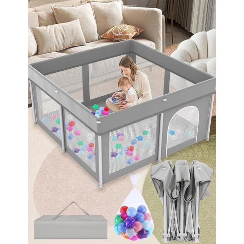 Foldable Playpen 50x50, Foldable Ultra-Portable Baby Playpen, Instantly Deployed in Three Seconds, Safe Baby Playard with Soft Breathable Mesh, Perfect Activity Center for Baby's Play, Grey