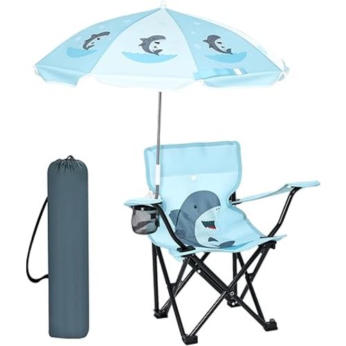 Outdoor Toddler Camping Chair with Umbrella Foldable Beach Chairs (Shark)