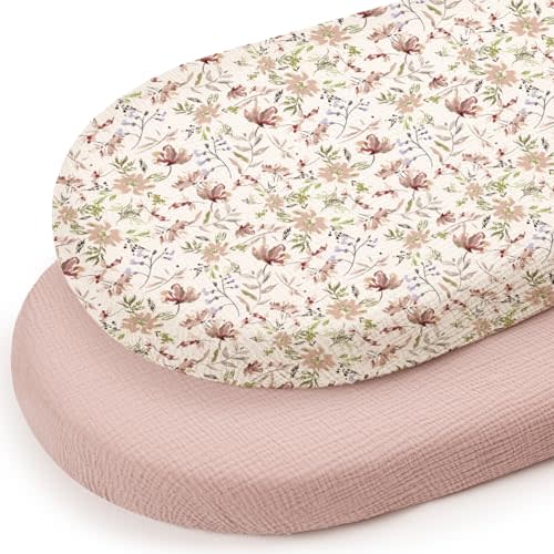 lulumoon Muslin Baby Bassinet Sheets: Cotton Fitted for Standard Bassinet | Soft & Breathable Floral Printed Sheets for Girls - 33x17" Fit for Oval Rectangle or Hourglass Mattress