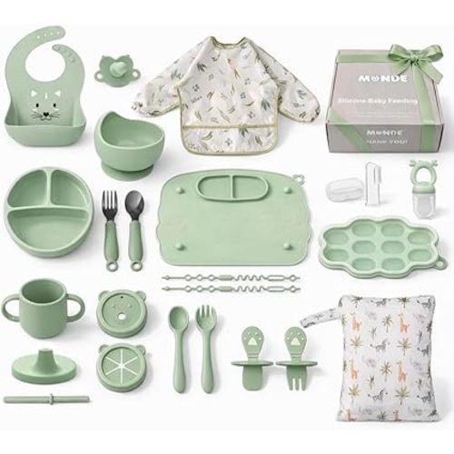 MONDE 25PCS Ultimate Silicone Baby Feeding Set, Complete Mealtime Baby-Led Weaning Essentials From Infant To Toddler, Bib, Smock, Sippy Cup, Dry Wet Bag, Placemat, Perfect Premium Gift Set (Beige)