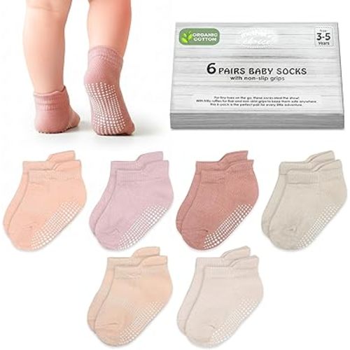 Mother's Choice Organic Cotton Ankle Baby Socks 3-5 Years – 6 Pairs, Soft Breathable Non-Slip Socks for Baby Boys & Girls with Anti-Skid Grip