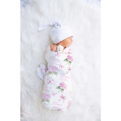 Personalized Baby Girl Pink Hydrangeas Swaddle Blanket, Coming Home Baby Girl, Hospital Blanket, Baby Shower Gift, Pink Butterflies, Bow,