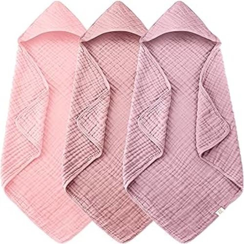 3-Pack Muslin Hooded Baby Towels, 100% Cotton, Ultra-Soft & Absorbent Baby Bath Towels with Hood for Babies, Infant, Toddler and Newbron (Pink and Sakura Series,32" x 32")