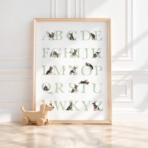 German Shepherd Nursery Decor | Alphabet Poster with dogs | Sage Green ABC wall art | Gender Neutral Nursery Wall Art | Digital Download