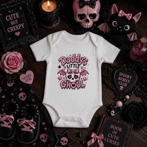 Daddy's Little Ghoul Baby Bodysuit: Goth Halloween Infant Outfit, Pink Skull Design
