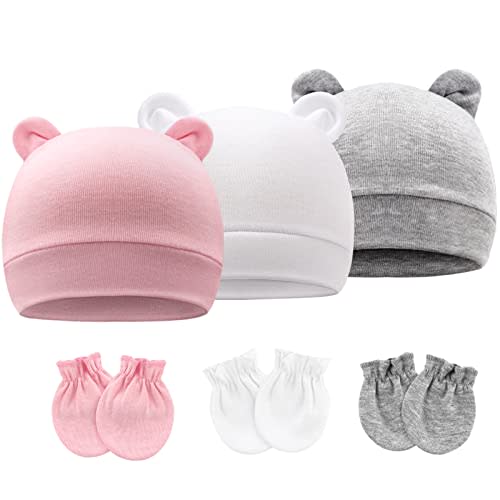 BQUBO Newborn Girls Hats Baby Hat and Mittens Set Infant Caps Bow Hospital Beanie with No Scratch Mittens for Baby Boys Girls