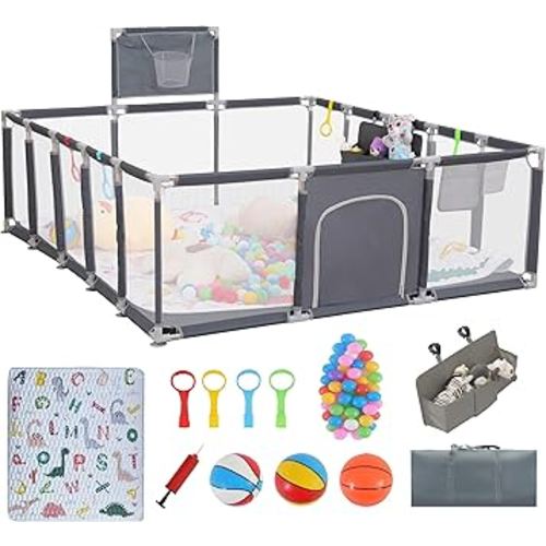 Baby playpen, 79"x71"Baby Playpen with Mat Indoor＆Outdoor Playpen for Babies and Toddlers with Breathable Play Pen with Ocean Balls Hanging Pocket Basketball Hoop (Gray)