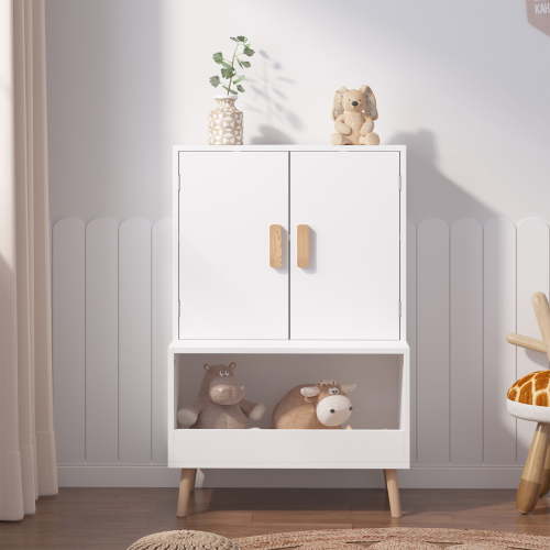 Noble House 37" Kids Toy Storage Cabinet, Modern Wooden Organizer with Doors and Open Shelf, Toddler Bookshelf, White