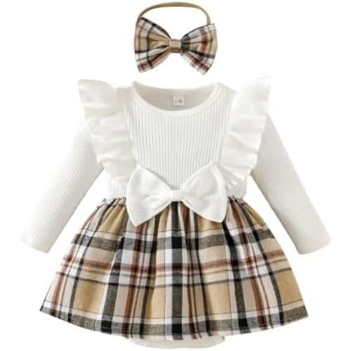 Magic Park 0-24M Baby Toddler Girls Ruffle Long Sleeve Bodysuit Ribbed Plaid Romper Dress Fall Winter Outfit with Headband