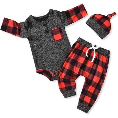 Newborn Clothes Boys, Baby Boy Fall Winter Outfit Buffalo Plaid Pullover Sweatsuit Warm Christmas Xmas Clothing NB Red