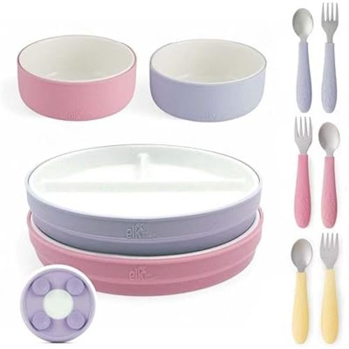 Elk and Friends Kids Porcelain Mealtime Bundle | Suction Sleeves | 10 Pcs Dinnerware Set | Plates Bowls & Toddler Utensils | Microwave & Dishwasher Safe