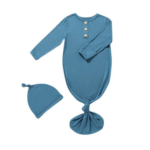 Odeerbi Baby Boys Girls Knotted Gown Hat Set Super Soft Sleeper Long Sleeve Sleep Gown Baby Clothes Newborn Baby Solid Color Cotton Jumpsuit Pajamas Hat Set Rompers Blue