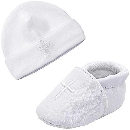 ESTAMICO Baby Newborn Soft Sole Shoes with White Embroidered Bib or Hat Set