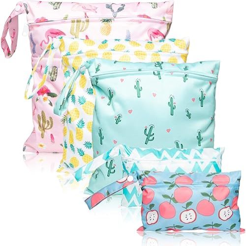 5Pcs Waterproof Reusable Wet Bag Diaper Baby Cloth Diaper Summer Wet Dry Bags with 2 Zippered Pockets Travel Beach Pool Bag with Pineapple Flamingo Cactus Pattern(3 Sizes)
