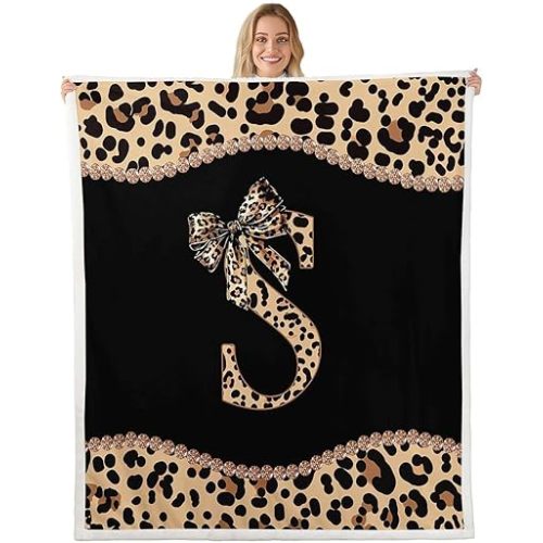 Letter Initial S Fleece Blanket Baby 30x40 with African Cheetah Bow - Leopard Print Sherpa Blanket for Girls Women Adults Modern Fashion Coquette Bow Fuzzy Plush Throw Leopard Cheetah Alphabet Decor