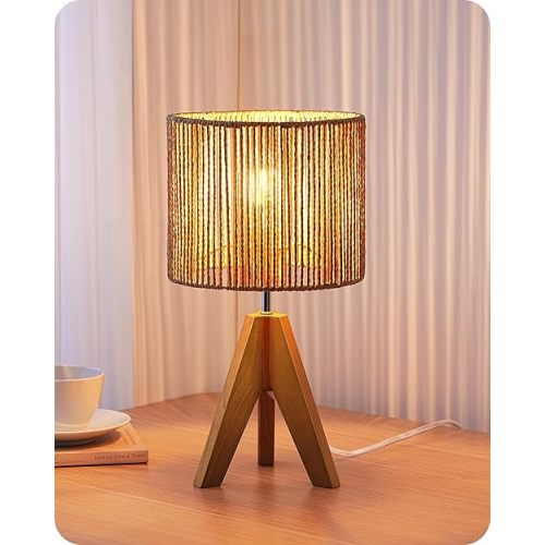 EDISHINE Small Rattan Table Lamp, Wood Tripod Bedside Lamp, Boho Nightstand Lamp for Living Room, End Table, Office, E26 Base, Natural Style