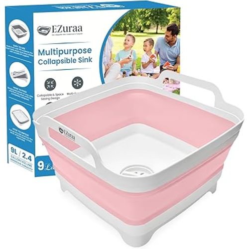 2.4 gal(9L) Pink Collapsible Dish Basin, Portable Sink or Dish Pan for Kitchen Sink with Drain Plug/Strainer, Space Saving Baby Bottle Wash Basin Collapsible Bucket, Beverage Tub for Camping