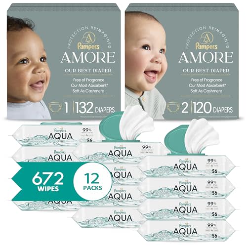 Pampers Amore Baby Diapers and Aqua Pure Wipes Starter Kit, Sizes 1 (132 Count) & 2 (120 Count) with 100% Water Based 12X Multi Pack Pop-Top Refill (1008 Count)