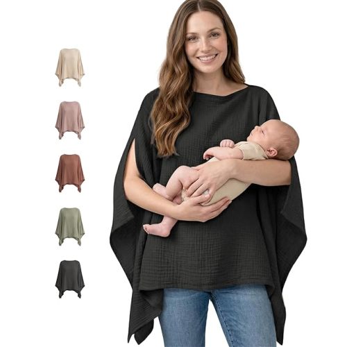 Konssy Muslin Nursing Cover for Breastfeeding, 360° Full Privacy Breathable 100% Cotton Breastfeeding Cover, Multi-use Carseat Canopy(Black)