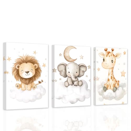 DOARTDO Nursery Animal Canvas Wall Art Baby Animal Pictures 3 Pieces Cute Elephant Lion Giraffe Print Painting Kids Room Nursery Decor Frame (12x16inchx3Pcs)