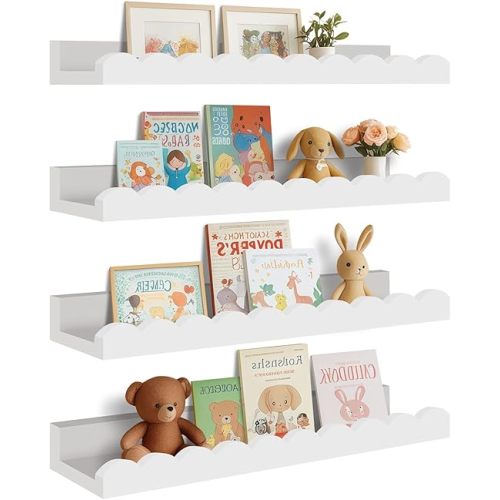 Yirilan 4-Pack Scalloped Shelves, Nursery Shelves for Wall, Floating Nursery Book Shelves for Kids, White