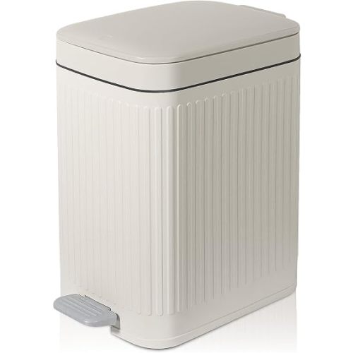 Small Bathroom Trash Can with Lid, 1.9 Gallon Slim Soft Close Step, Cream