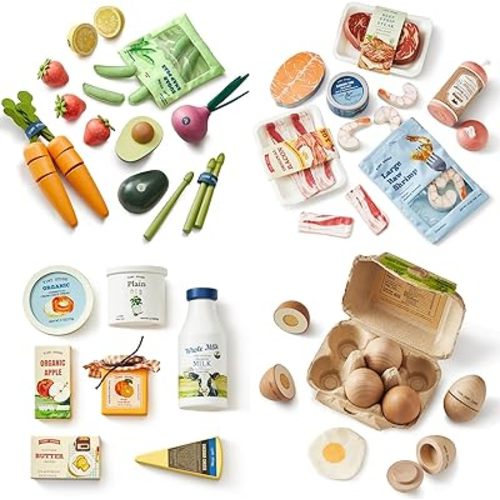 Tiny Land Wooden Play Food Set Bundle Includes 50 PCS of Fruits, Veggies, Meats, Seafood, Eggs & Dairy