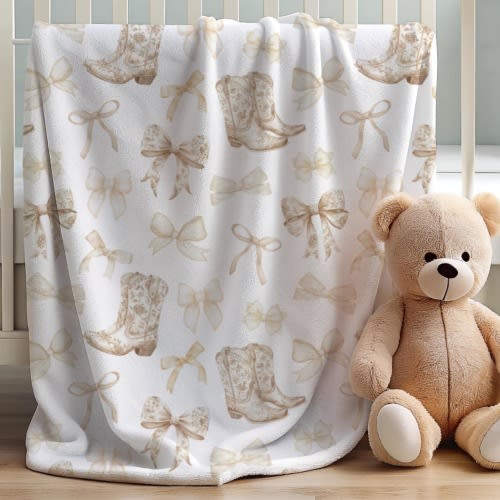 Ivory Western Cowgirl Blanket, Toile Coquette Boots + Bows, Personalized Chinoiserie Baby Girl's Shower Gift, Neutral Newborn Nursery Decor