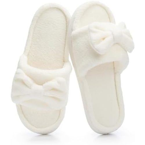 NineCiFun Womens Cute Bow Open-Toe Slippers Plush Faux Fur Lining Memory Foam Fuzzy House Shoes Non-Slip Indoor Outdoor Cozy Slippers