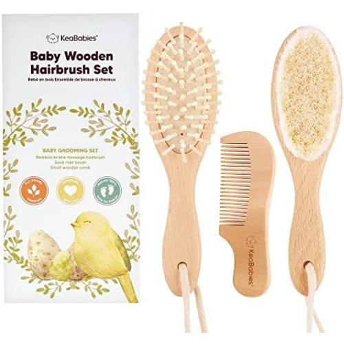 Baby Hair Brush and Baby Comb Set - Wooden Baby Brush with Soft Goat Bristle - Toddler Hair Brush Baby Brush and Comb Set - Baby Brush Set for Newborns - Infant Hair Brush, Cradle Cap (Oval, Walnut)