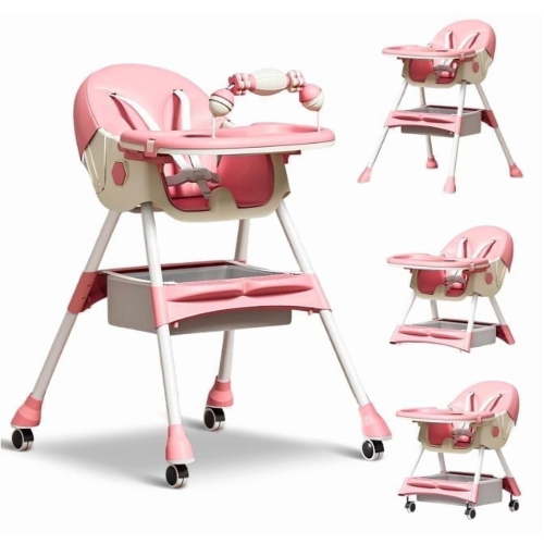 LHUAI, Foldable Baby High Chair, 4 in 1 Convertible High Chairs, With 5-Point Safety Harness, Adjustable Dining Tray & Backrest & Height, Easy To Clean Surface, For Babies And Toddlers, Pink