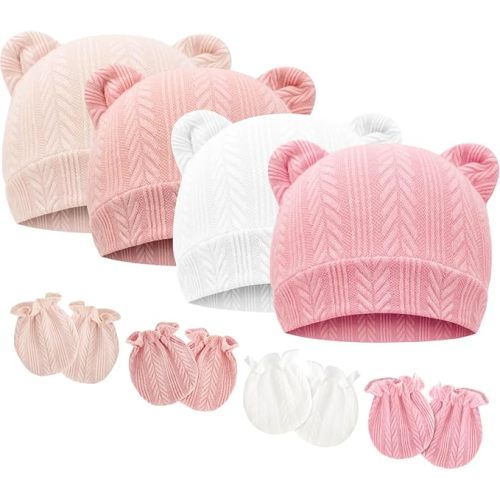 BQUBO Newborn Baby Hats Bear Ears and Mittens Sets Preemie Cute Caps Baby Boy Girl Infant Hospital Beanie for 0-3 Months