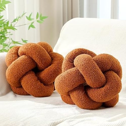 2 Pcs Knot Pillow Balls, 12 Inch Soft Home Decorative Round Stylish Throw Pillow Cute Handmade Knotted Aesthetic Ivory Circle Pillows for Bed Living Room Couch Sofa Decor (Caramel)