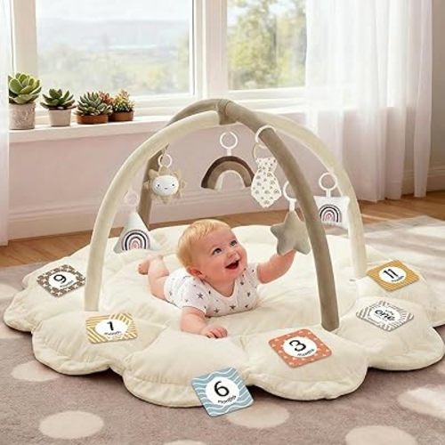 Mallify 5-in-1 Thick & Plush Baby Play Gym, Baby Play Mats for Floor, Tummy Time Mat with 6 Toys, Convertible Stage-Based Developmental from Babies to Toddlers, Ball Pit, Brown
