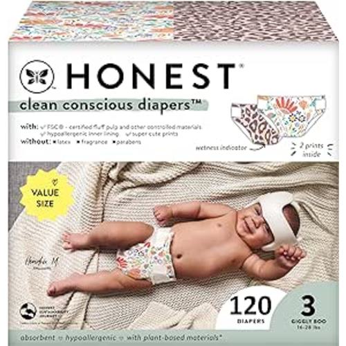 The Honest Company Clean Conscious Diapers | Plant-Based, Sustainable | Wild Thang + Flower Power | Super Club Box, Size 3 (16-28 lbs), 120 Count