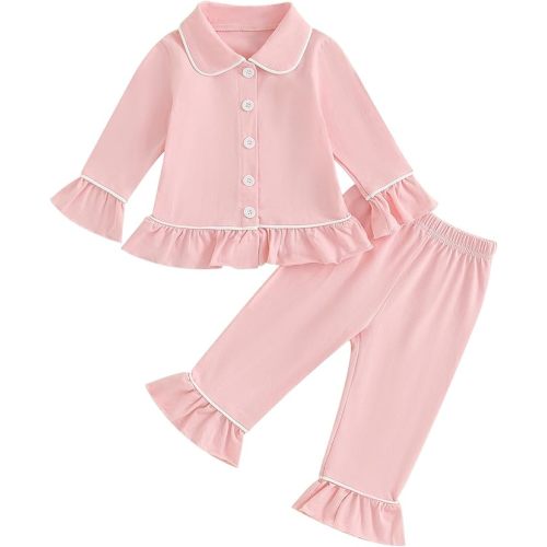 fhutpw Toddler Kids Baby Girl Pajamas Set Solid Color Ruffle Long Sleeve Button Shirt Top Pants Cotton Infant 2Pcs Pjs Set