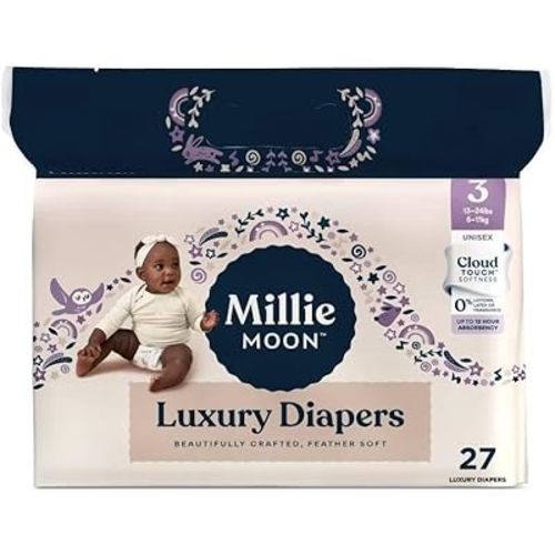 Millie Moon Luxury Diapers, Size 3 (13-24lbs), 27 Count, Up to 12 Hour Absorbency, Double Leak Guard and Wetness Indicator