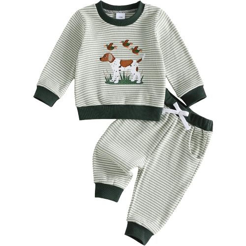 fhutpw Baby Toddler Boy Girl Fall Winter Clothes Embroidery Stripe Pullover Pants Sets Infant Long Sleeve Sweatshirt Outfits