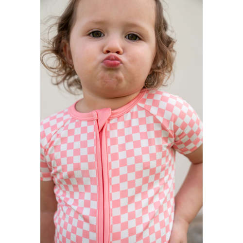 LIGHT PINK + WHITE CHECKER | SHORT ZIPPER ONE PIECE