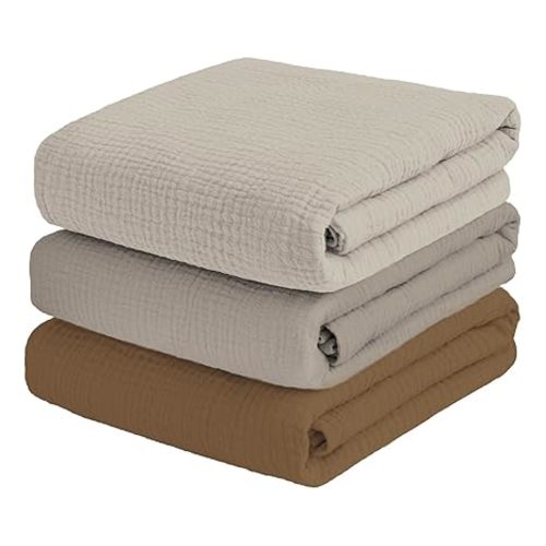 Muslin Swaddle Blankets for Baby Boy - 3 Pack 47x47 Inch Large Receiving Blankets, Soft Breathable Cotton Nursery Swaddles for Newborn, Infant & Todler (Cream White, Stone, Coffee)