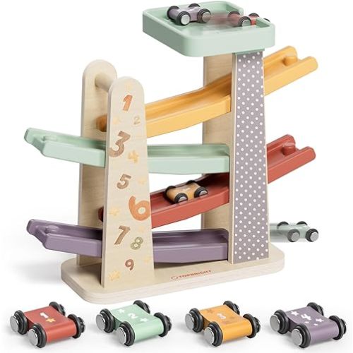 TOPBRIGHT Baby Toys for 1 Year Old Boy Gifts, Wooden Car Ramp Race Track Set, Car Toys for Toddlers with 4 Cars and a Garage, Montessori Toys for 1 Year Old Boy Girl, Birthday Gift for Age 12+ Month