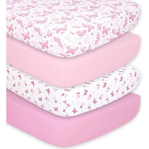 The Peanutshell 4-Pack Fitted Crib Sheet Set - Super Soft & Breathable Baby Girl Crib Sheets, Nursery Decor, Fit for Standard Mattress Cover- Butterfly