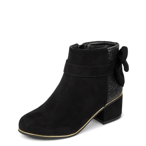 Girls Glitter Bow Booties - Black