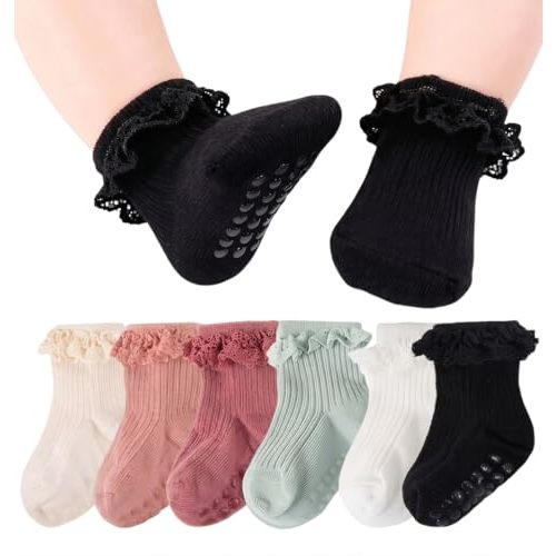 Baby Girl Anti Slip Grip Socks Cute Frilly Ruffle Ankle Socks Soft Breathable Cotton Non Skid Newborn Infants