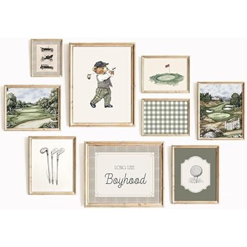 Vintage Sports Nursery Wall Art Decor Teddy Bear Golf Prints Baby Toddler Boy Room Canvas Wall Decor Bear Nursery Pictures Sport Animal Pictures Vintage Golf Artwork for Bedroom 8x10x9 Inch Unframed