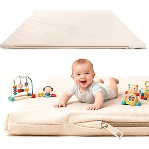 FONESO Leather Baby Play Mat, Stylish 50x50 Thicken & Super Soft Foam Cushioned Playpen Mat for Infants and Toddlers, Waterproof and Just Wipe-Clean Crawling Mat for Baby Play on Floor (Beige)