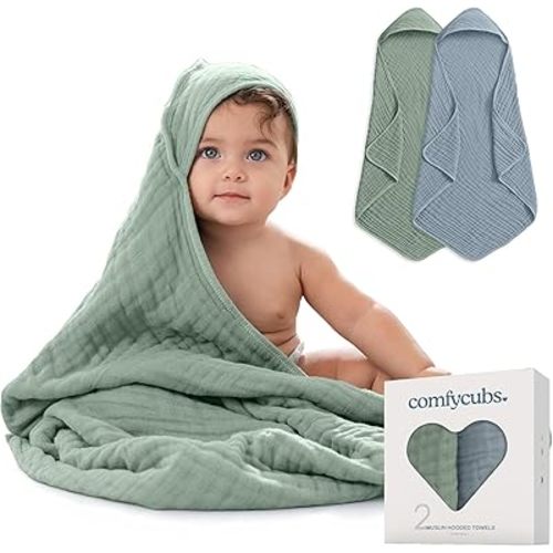 Comfy Cubs Hooded Baby Towel 2-Pack, Large 32 x 32 Inch - 6 Layer 100% Muslin Cotton for Babies, Toddlers, Kids - Soft & Absorbent Baby Bath Towels - Unisex Design for Bath Time, Pacific Blue and Fern