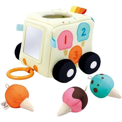 Hape Sensory Scoop Ice Cream Truck – 6-in-1 Plush Baby Toy with Soft Mirror, Rattling Scoops, Crinkle Textures & Color Matching – Sensory Exploration & Fine Motor Skills Development for Infants 6M+