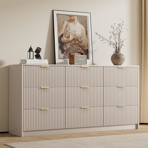 9 Drawer Dresser for Bedroom, 63" Wide Dresser with Gold Handles, Modern Wood Chest of Drawers Storage Cabinet, Fluted Long Dresser for Bedroom, Living Room, Hallway, Beige