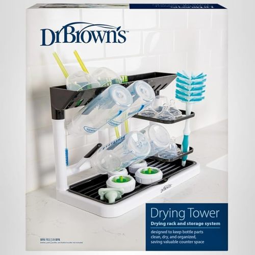 Dr. Brown's Drying Tower, Stand-Up Drying Rack, Countertop Baby Bottle Drying with Organized Storage for Baby Essentials, Space Saving Vertical Rack, Black/White